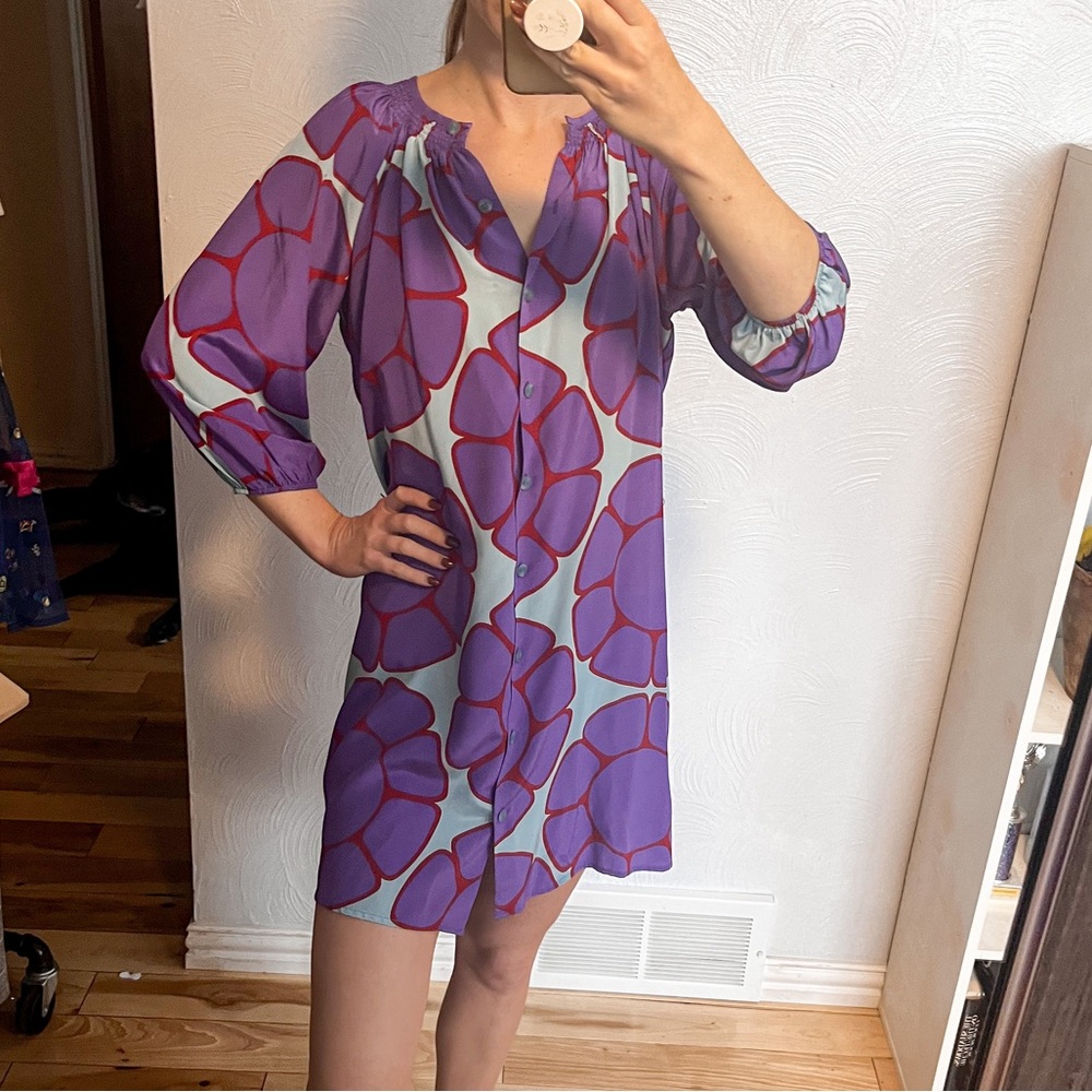 Tucker Silk Mini Dress Button Down Vintage Retro Floral Print 3/4 Sleeve V-Neck